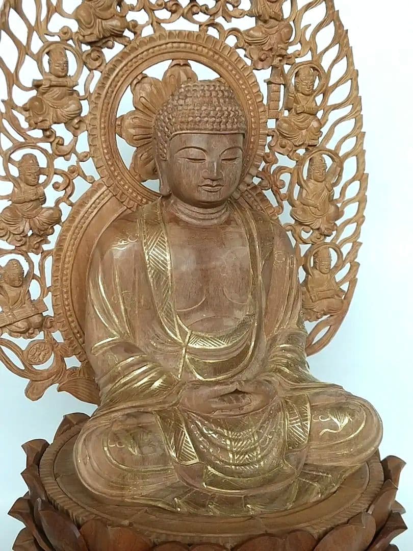 釈迦如来坐像 3寸 #487 宝塔奏楽飛天光背 円台座◆白檀 木彫 仏像