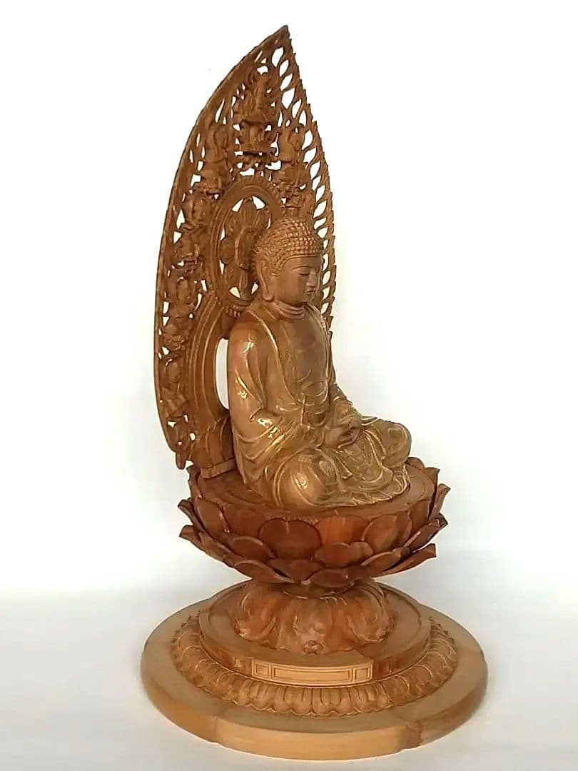 釈迦如来坐像 3寸 #487 宝塔奏楽飛天光背 円台座◆白檀 木彫 仏像