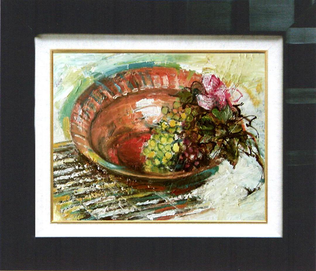 油絵 菅家令子絵 絵画インテリア額付(青緑＋金色の枠)F4-110502フルーツ