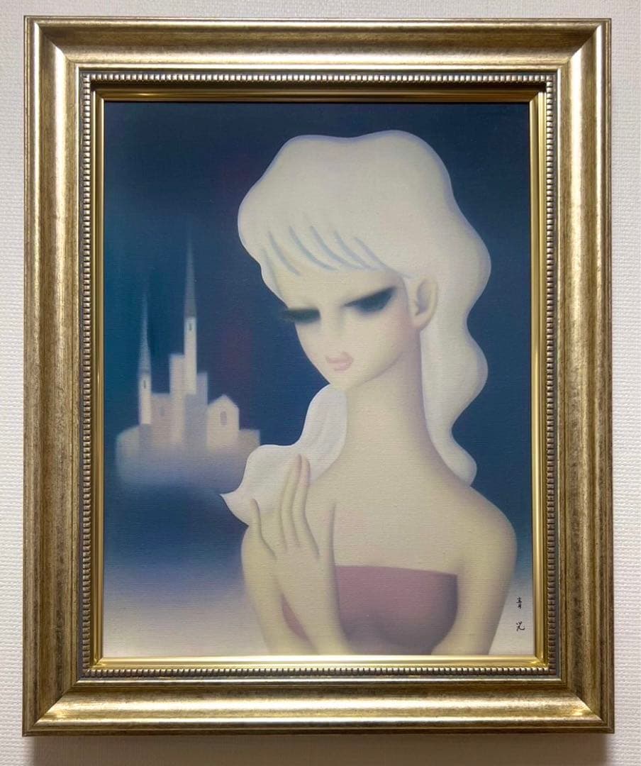 SALE【F6号】東郷青児（塔と少女）手描き/表裏サイン有り/油彩/裏シール有り