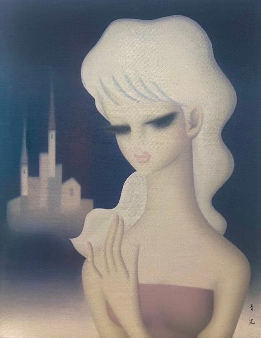 SALE【F6号】東郷青児（塔と少女）手描き/表裏サイン有り/油彩/裏シール有り