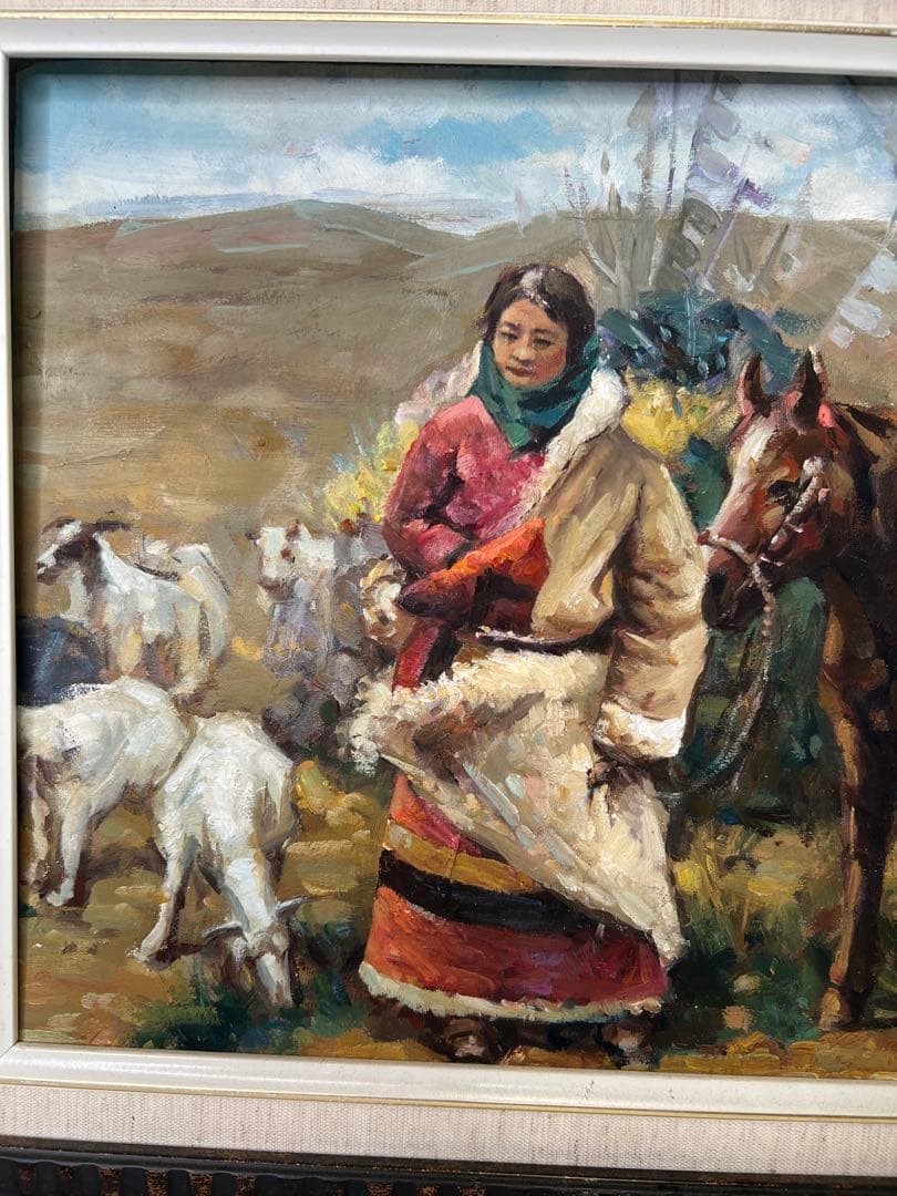 Liu Yong 油彩画 チベット　伝統的な衣装の人物と馬