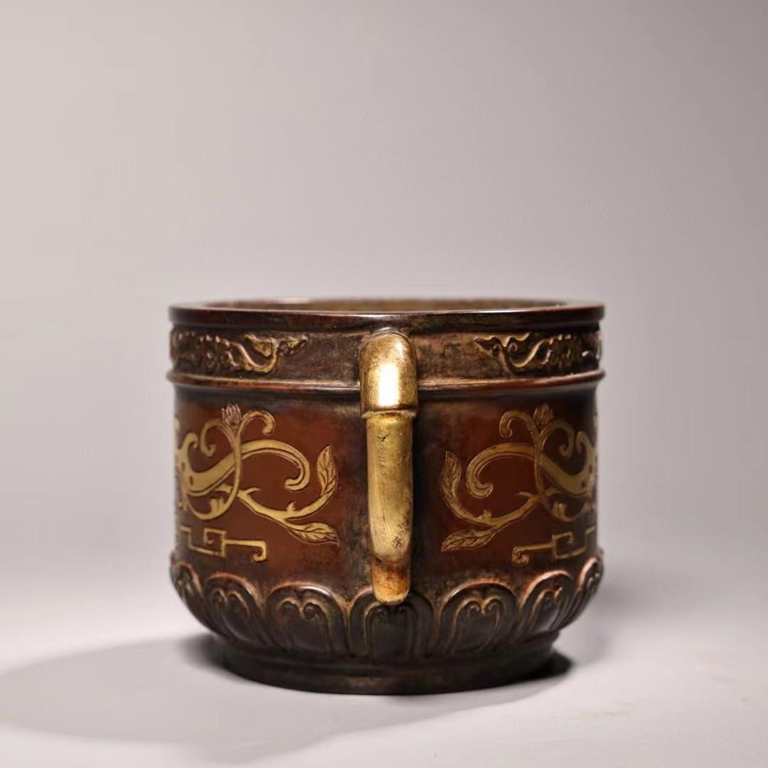 中国古美術・旧蔵錾刻鎏金香炉・純紫銅细密彫・純手作り・高浮彫・置物・仏具・文房具