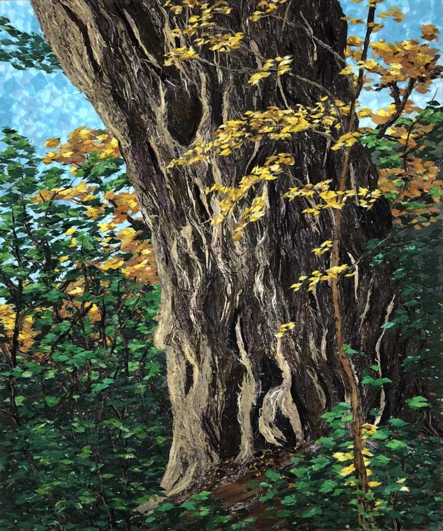 F8　屋久杉　アート作品　コラージュ　布の絵