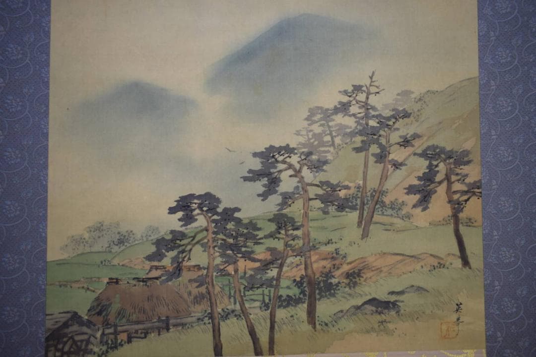 真作/英挙/渓村図/桐共箱二重箱付/布袋屋掛軸HF-477