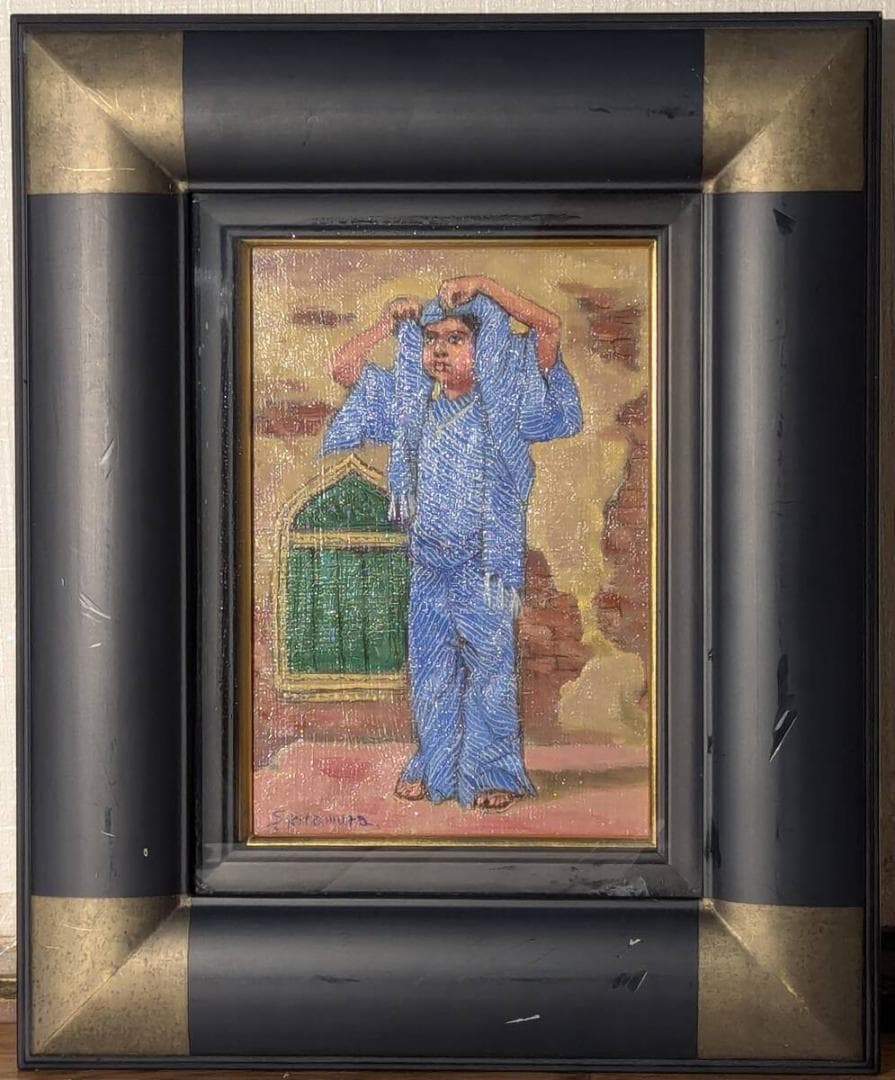 【真作】絵画　北村真　油彩SM　ショールをかぶる少女　異国情緒　Y169