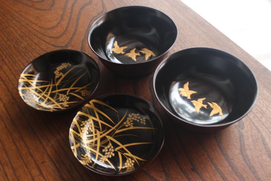 デッドストック！風情ある糸目地に優美な雀稲穂蒔絵の映えるお椀2点（検蒔絵椀雑煮椀