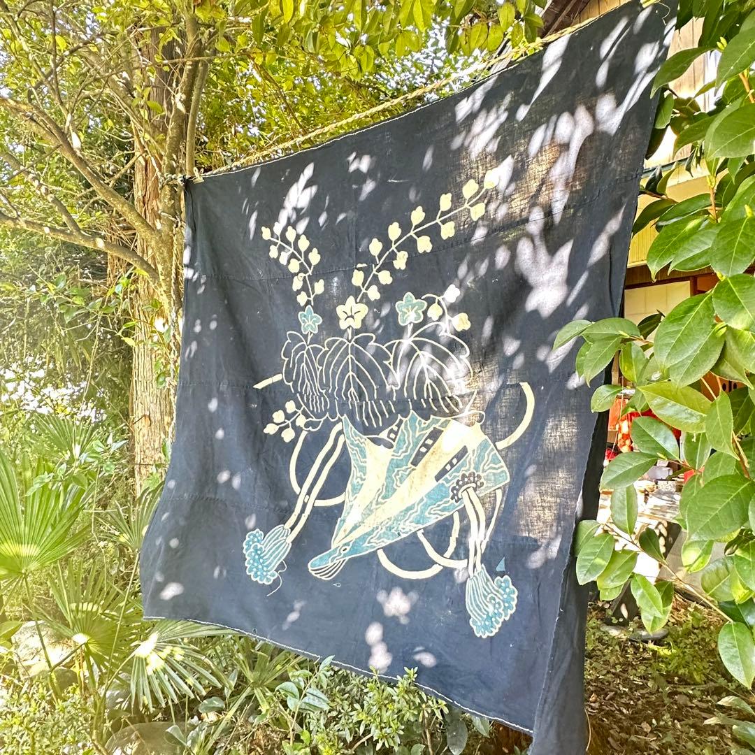 2168様感謝‼️明日につなぐ古布　桐花扇面TSUTSUGAKI筒がき藍染大風呂敷
