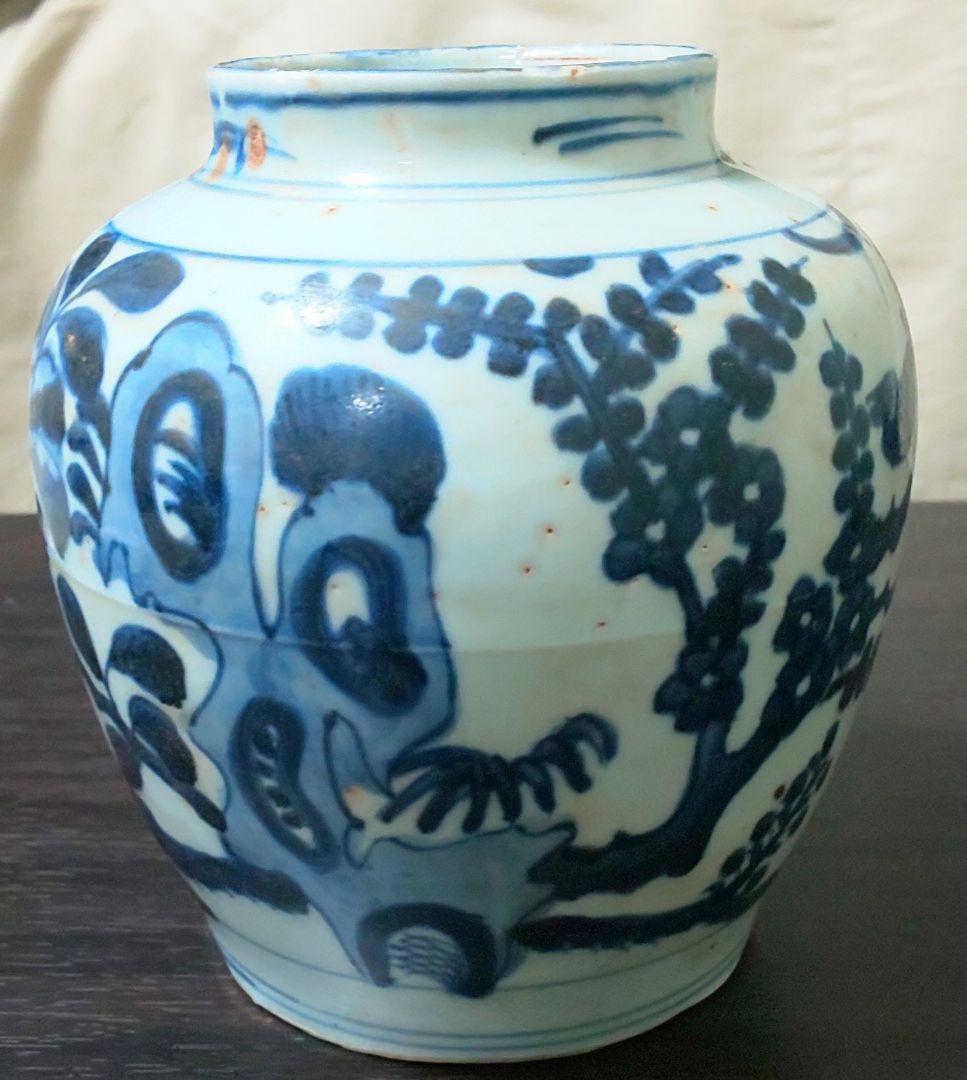 中国美術 白磁胴継染付 明 清時代 霊芝文 牡丹 花鳥模様陶器の壺