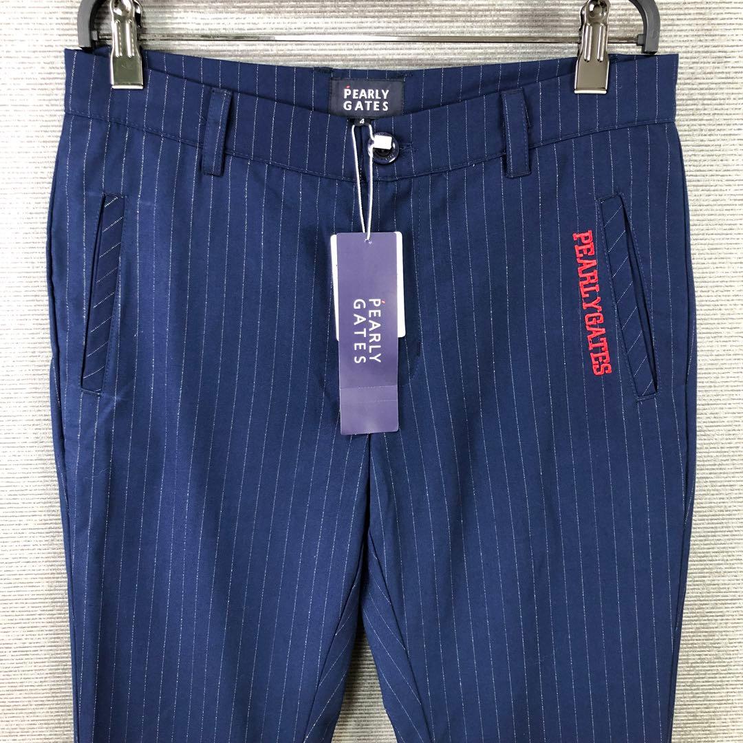 未使用品 PEARLY GATES ロゴ ストライプ パンツ 4 ネイビー