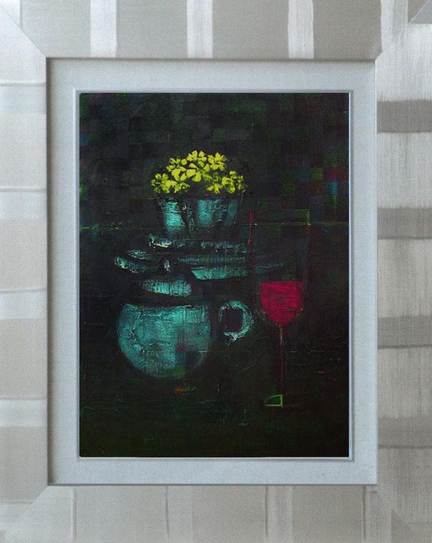 油絵 菅家令子絵 絵画インテリア額付(白) uF6-063404 静物花グラス器