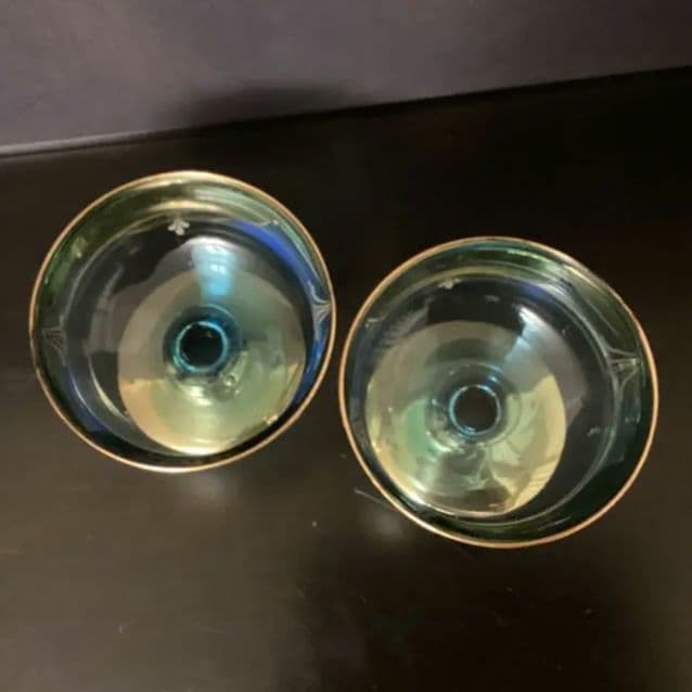 ベネチアングラス　金色とブルーのエレガントなデザインの手描き花柄グラス　⑤⑥