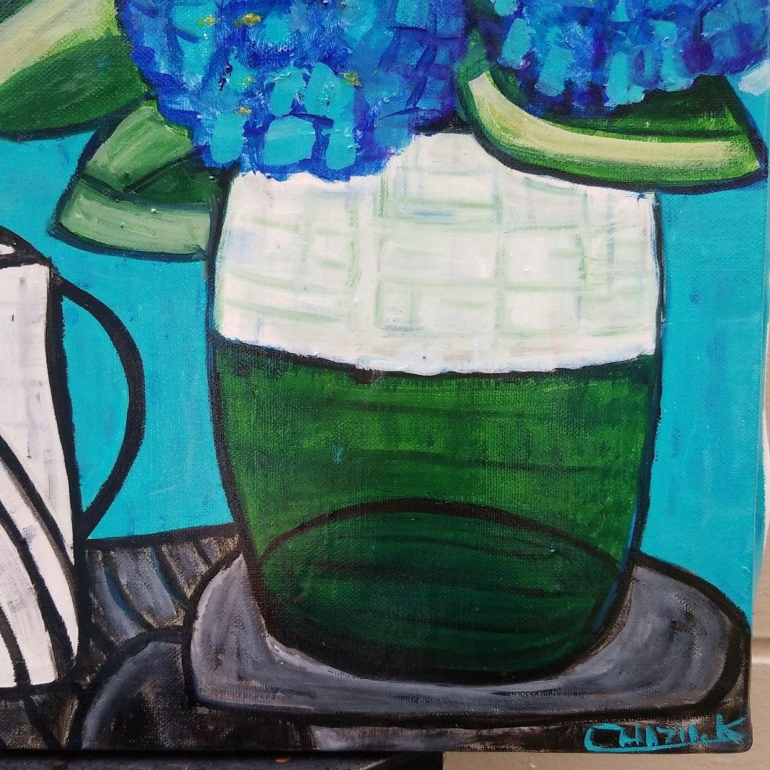 油絵　専用　青いあじさいを差したテーブル