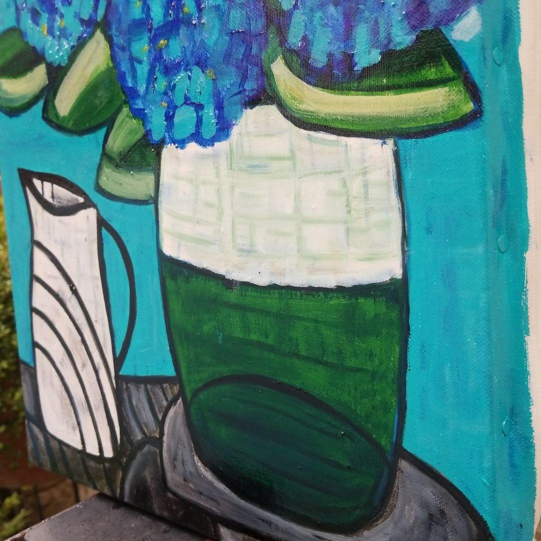 油絵　専用　青いあじさいを差したテーブル