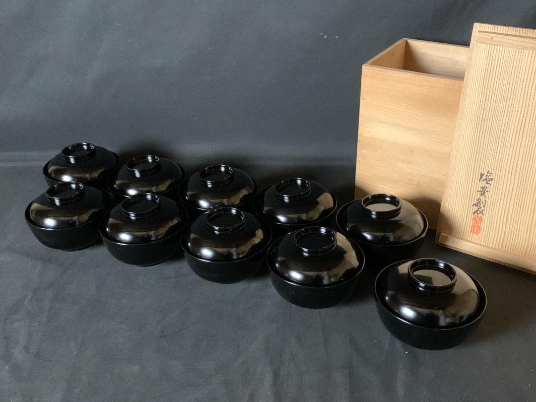 輪島塗 塩安製 黒真塗 汁椀 10客 共箱 茶懐石道具茶道具 901