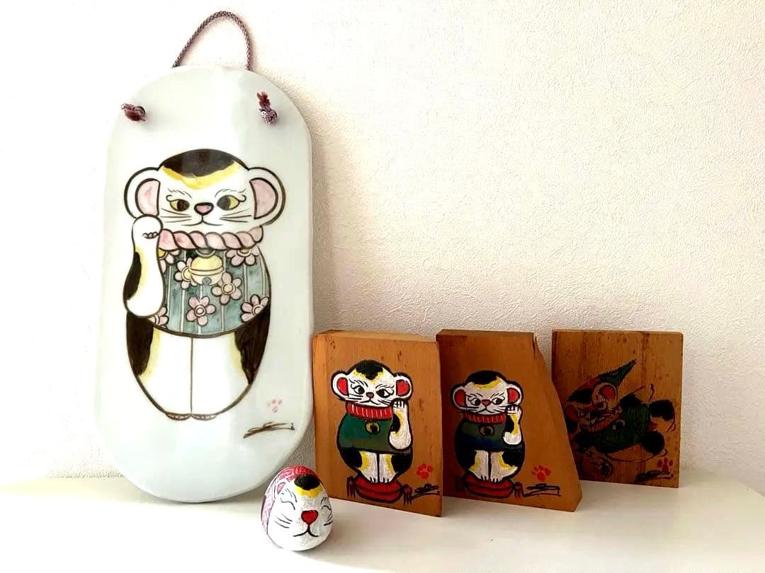 [超希少品]尾道「猫の細道」招き猫 木札、陶板、福石猫5点セット