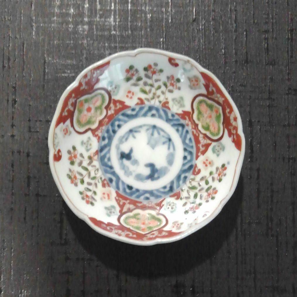 古伊万里上手　染錦窓絵草花紋皿五枚揃え