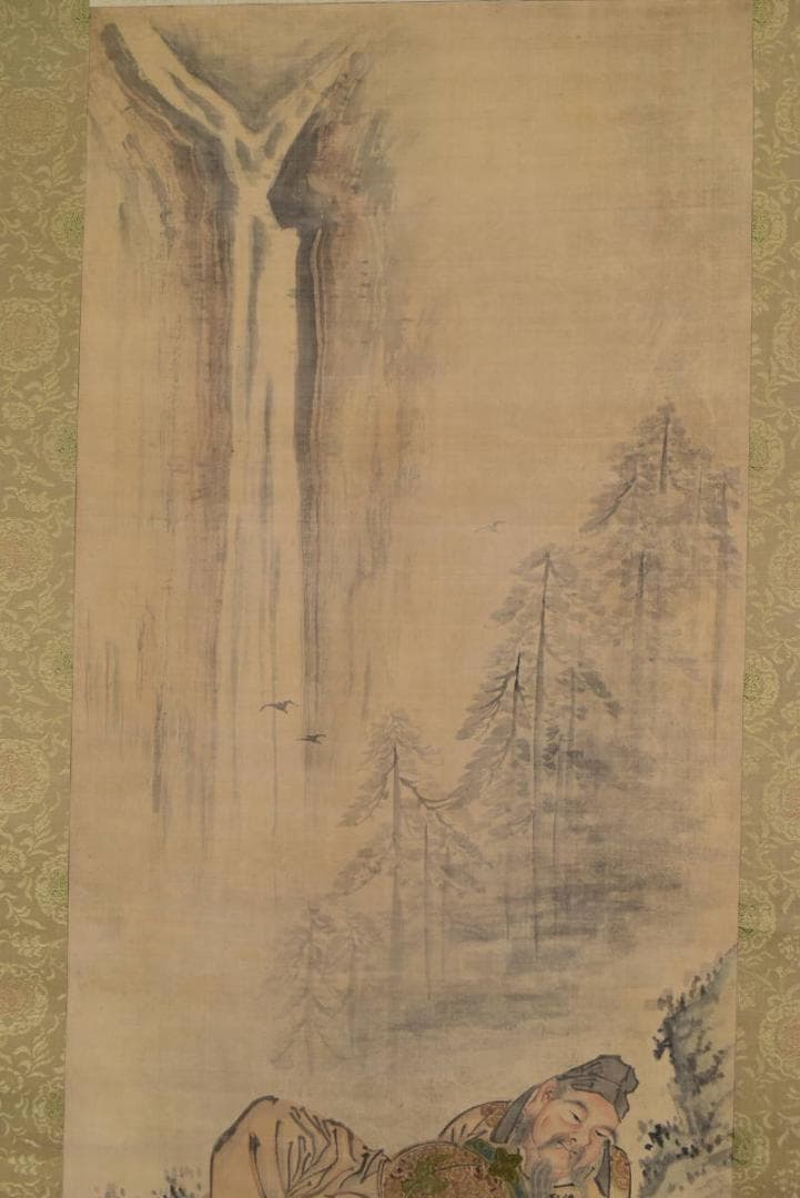 【真作】洞松/滝に人物図/掛軸☆宝船☆AB-93