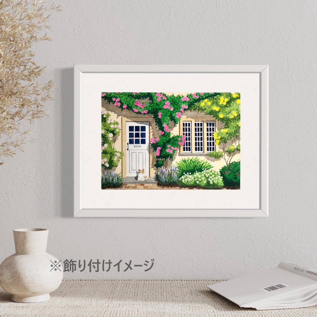 透明水彩画　原画　「ローズハウス」額縁付　A4サイズ　風景画