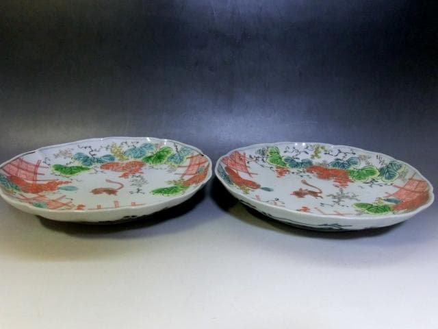 皿■古伊万里 兎紋 2枚(江戸後期～明治期)葡萄の絵 赤絵 時代物 骨董品■