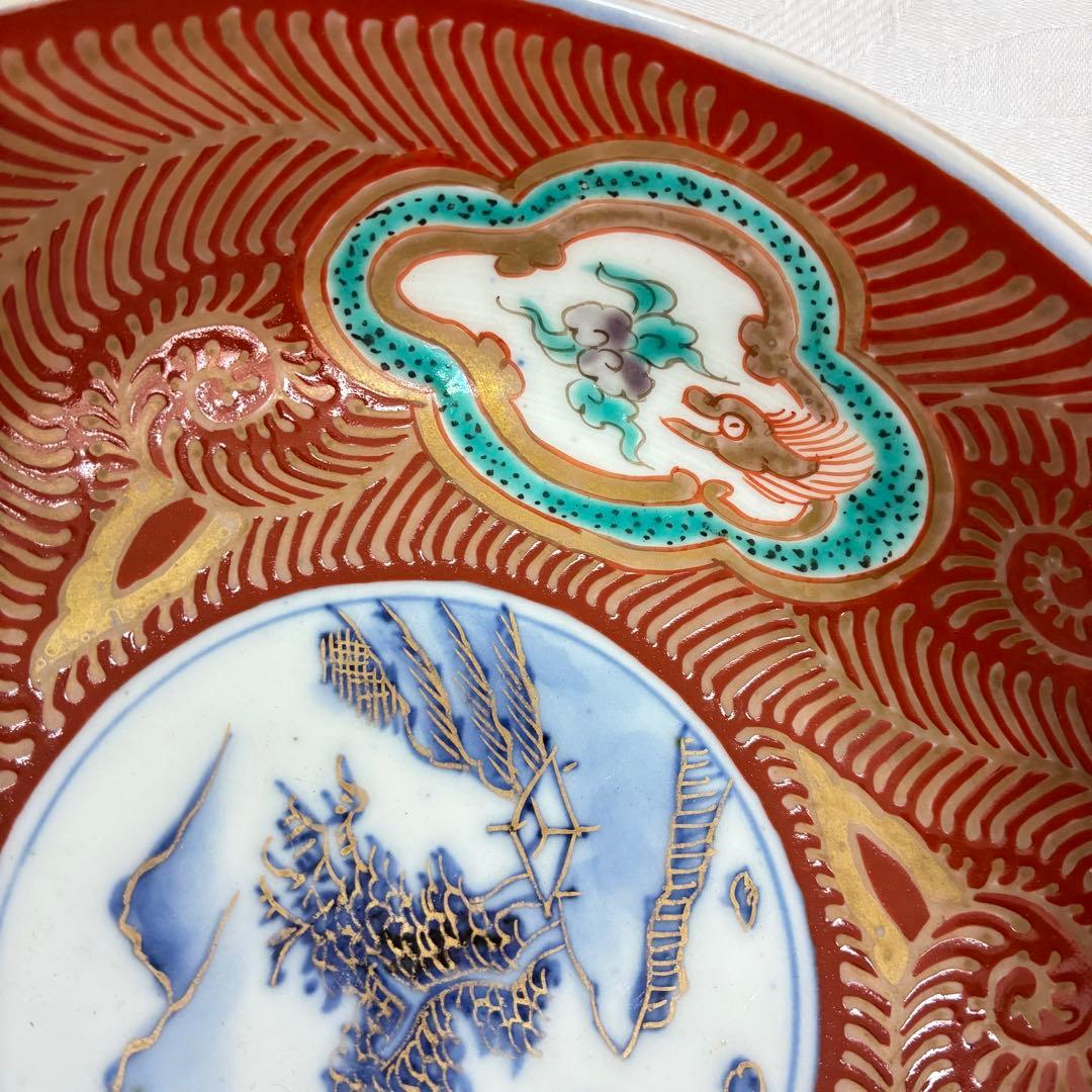 古伊万里 中鉢 赤絵 窓絵龍 山水 金彩 骨董品