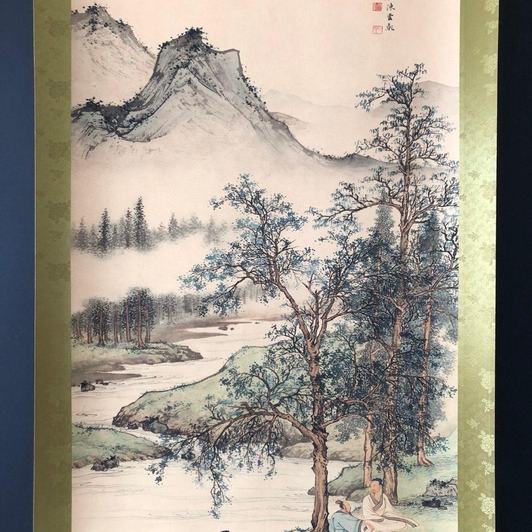 中国画 掛け軸 陈少梅《小邨山景》 三尺 中堂 掛け軸／実物撮影 水墨画