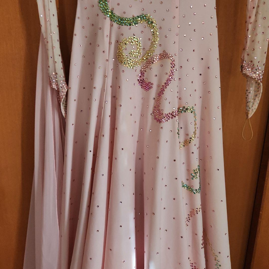 ラインストーン　チョーカー、イアリング付き　社交ダンス　シフォンドレス　ピンク