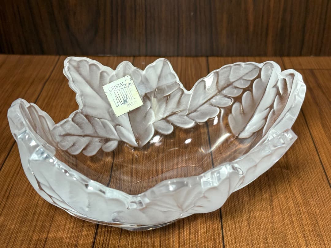 【美品】Lalique ラリック クリスタル ボウル リーフ 彫刻 シール付