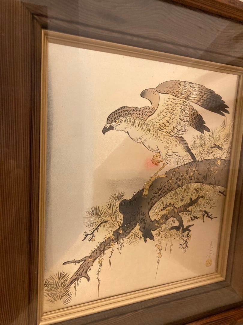 希少　堀口光彦 彫金額 松樹鷹図 金工作品 額装