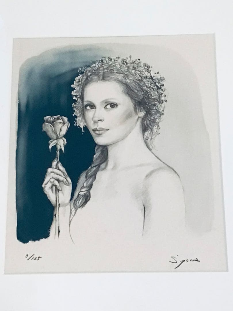 ◉真作保証◉洋画家 芝田米三◉バラを持つ少女◉70×62cm◉￼リトグラフ◉