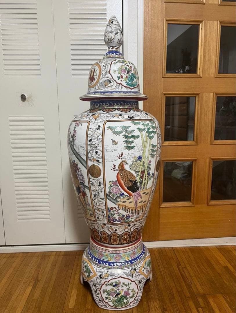 【セール】極上品　希少★飾壺 蓋付き壺 沈香壺 金襴極彩色 花鳥高さ約130cm