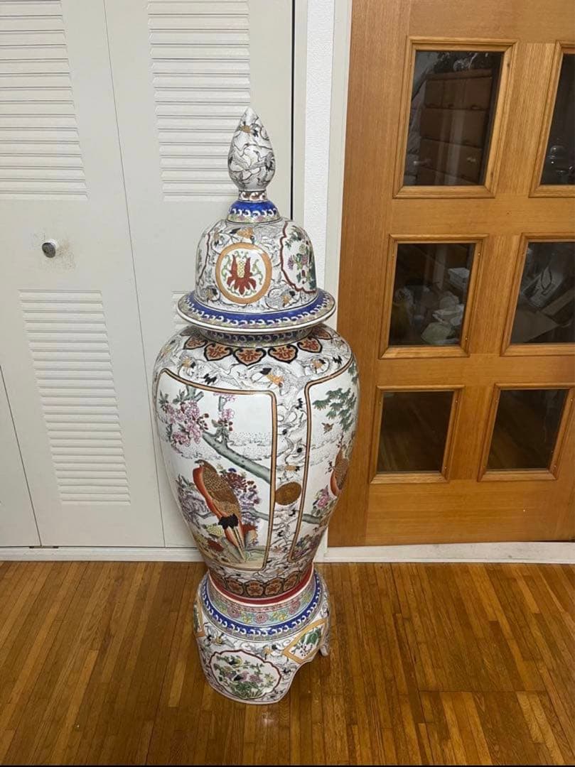 【セール】極上品　希少★飾壺 蓋付き壺 沈香壺 金襴極彩色 花鳥高さ約130cm