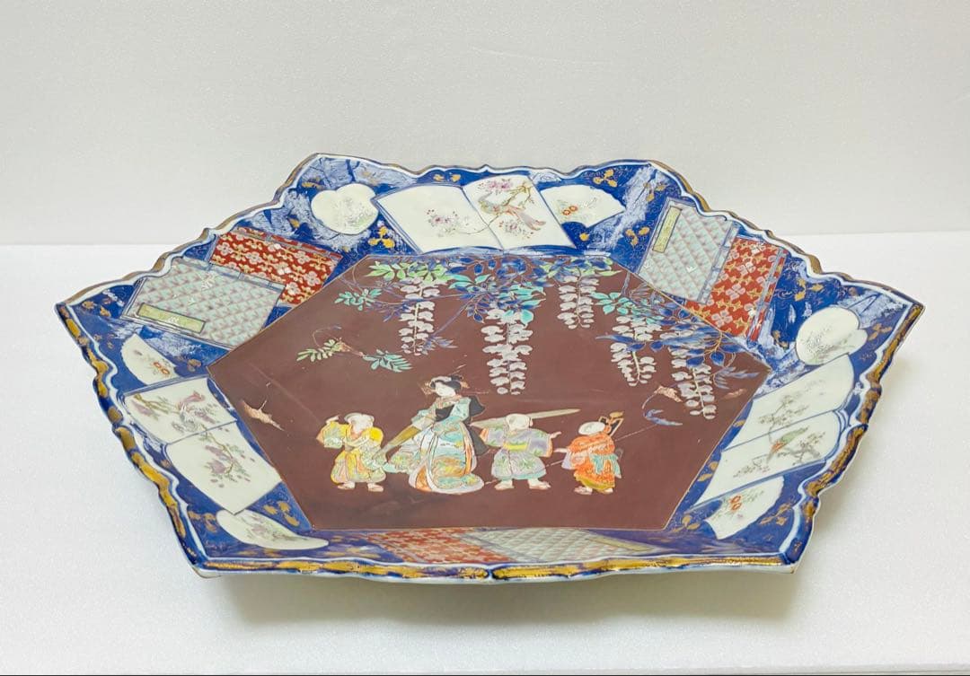 お値下❌ 明治初期 香蘭社 色絵褐地藤絵人物文 ブラックホーソン六角大皿