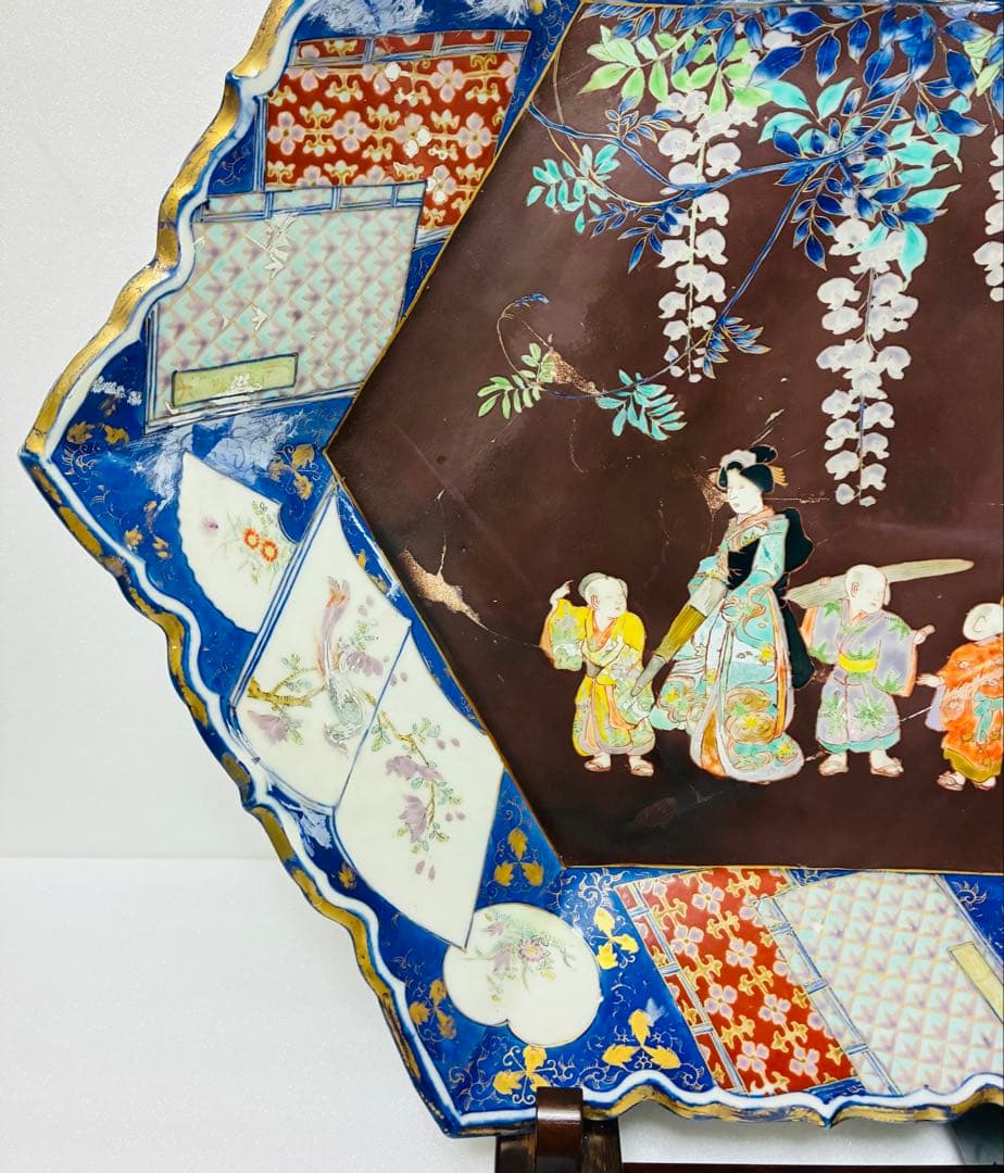 お値下❌ 明治初期 香蘭社 色絵褐地藤絵人物文 ブラックホーソン六角大皿