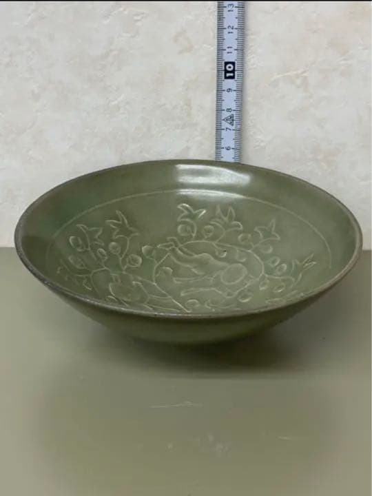 中国元•明耀州窯　童子缠枝文碗　骨董古美術品唐物アンティーク江戸青磁コレクション