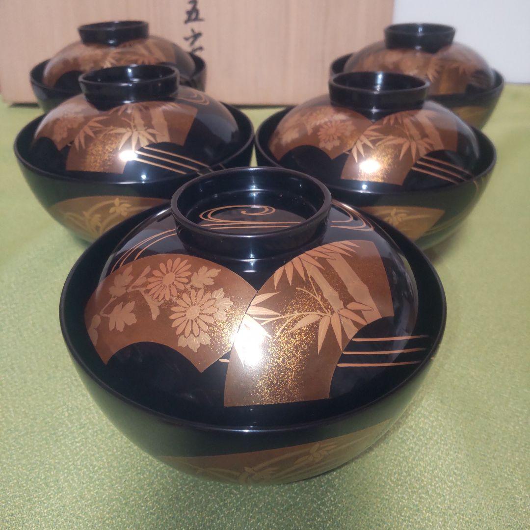 輪島塗 金 蒔絵 扇面 蓋付 椀 吸物椀 竹 梅 木箱 伝統工芸