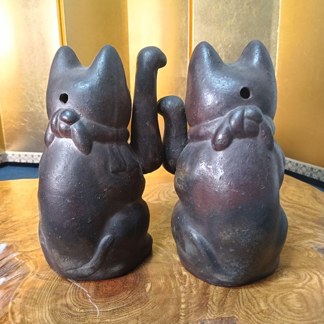 備前焼 招猫 2匹 右手挙 左手挙 縁起物 置物 飾り物 備前猫AK59