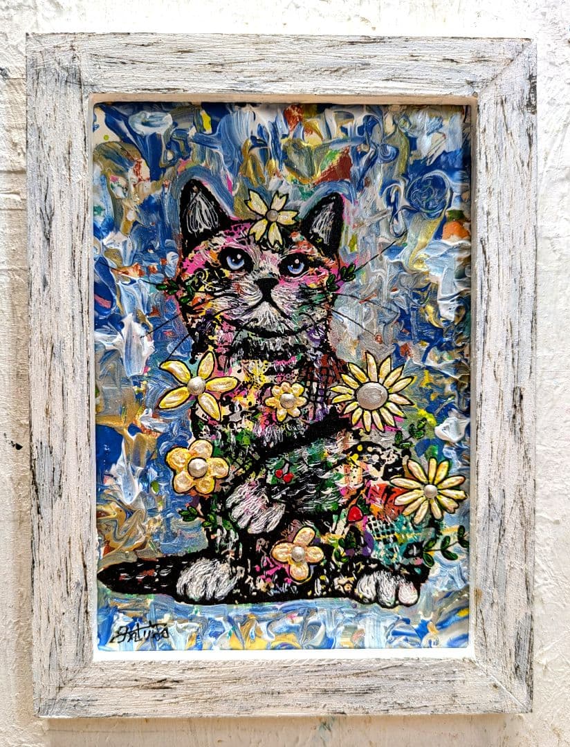 手作り額付き作品　title「蒼天のニャンコ」