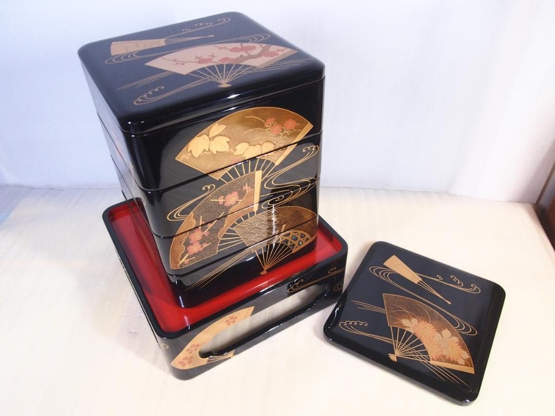 【高級・未使用】輪島塗 道甫作 扇面蒔絵 四段重箱 台付き お重/弁当箱 漆器