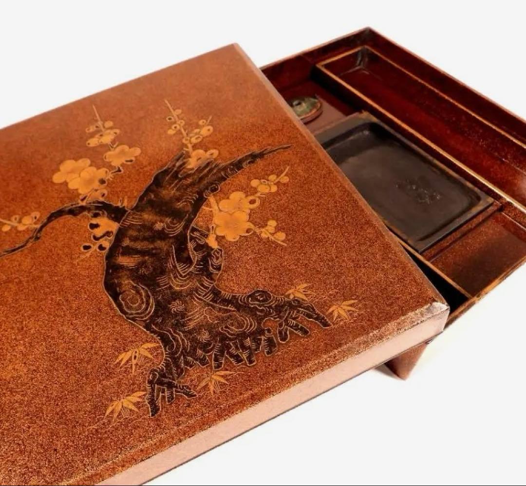 時代漆器 内金梨地 夜桜金蒔絵 硯箱一式 水滴/硯/書道具 筆墨紙硯