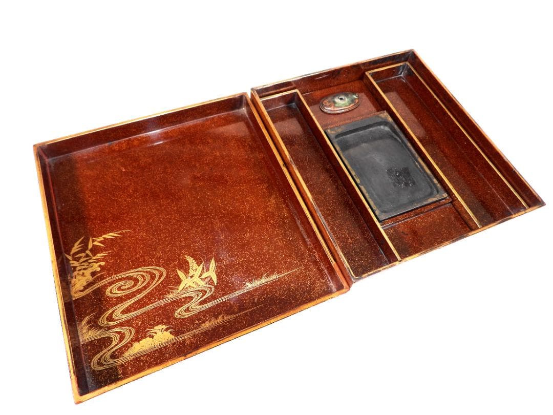 時代漆器 内金梨地 夜桜金蒔絵 硯箱一式 水滴/硯/書道具 筆墨紙硯