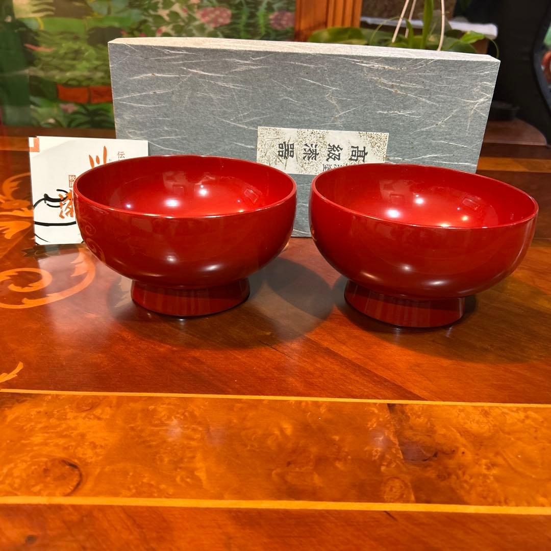 川連漆器、大椀、蕎麦椀、うどん椀、2客セット。