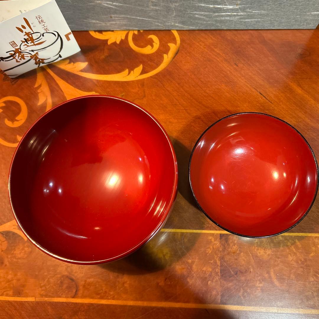 川連漆器、大椀、蕎麦椀、うどん椀、2客セット。