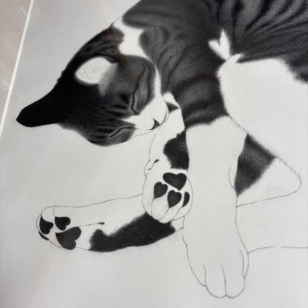 吉成信雄　猫の画(額縁付き) 肉球　　　 ハート　眠り猫