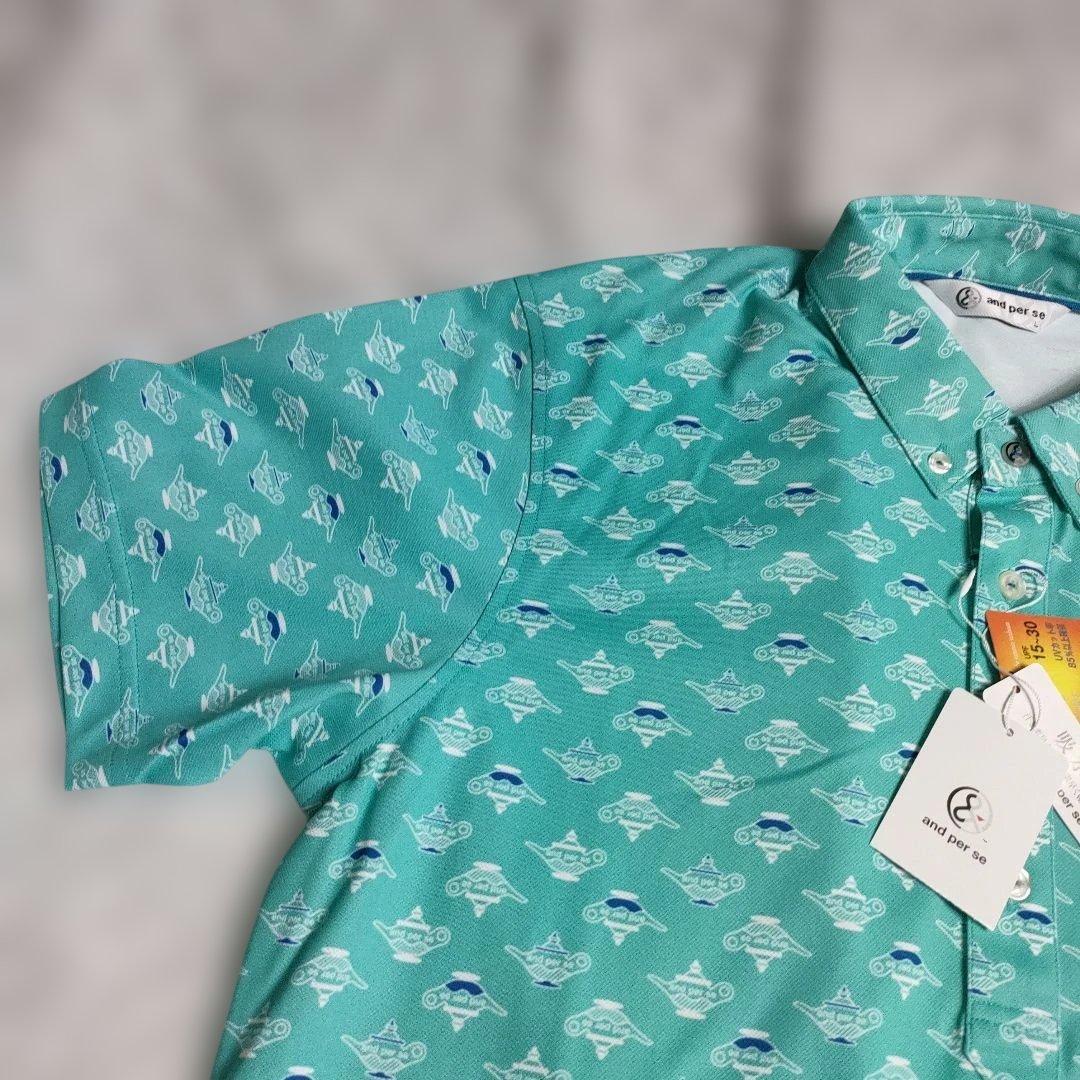AND PER SE アンパスィ 半袖ポロシャツ ボタンダウン 総柄 グリーン系
