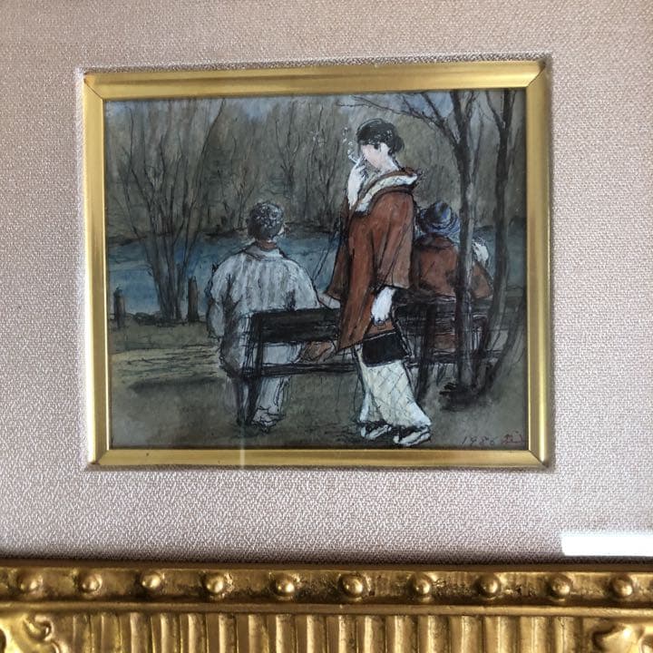 値下げしました‼️和装の女性、湖畔の情景の小品2点　￼