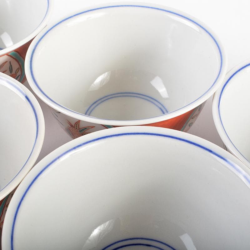 九谷焼　味渓窯　矢口永寿造　赤絵　花鳥文　汲出茶碗　五客　共箱　M　R5223