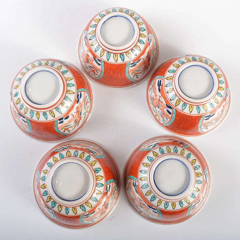 九谷焼　味渓窯　矢口永寿造　赤絵　花鳥文　汲出茶碗　五客　共箱　M　R5223