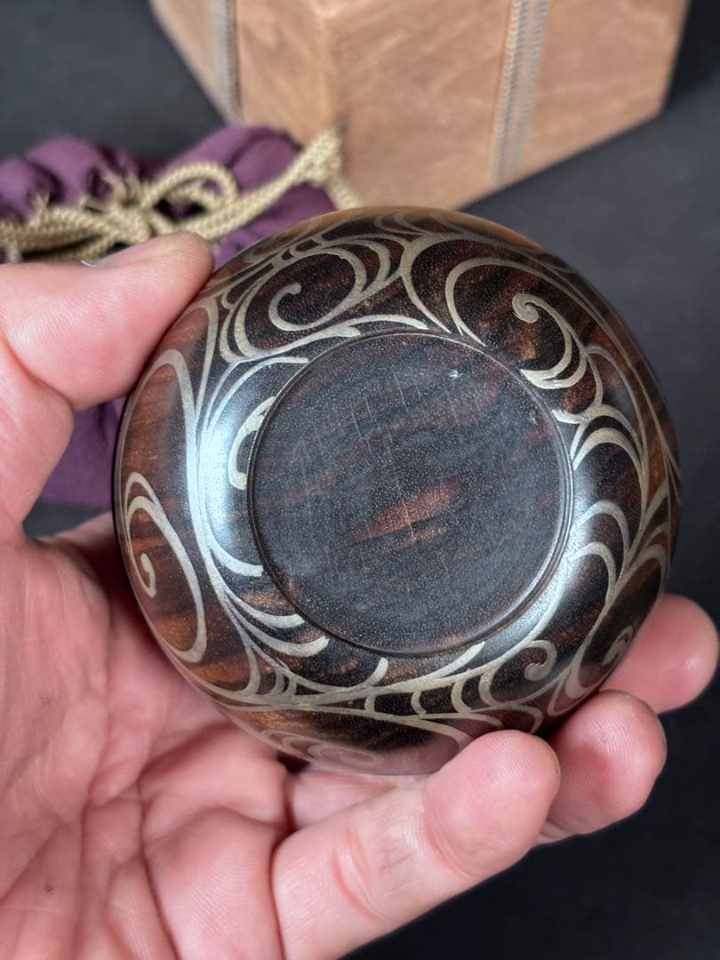 送料無料　棗　平棗　木地　嶋黒檀　黒柿？　和骨董　水車　蒔絵　茶道具　仕覆付き