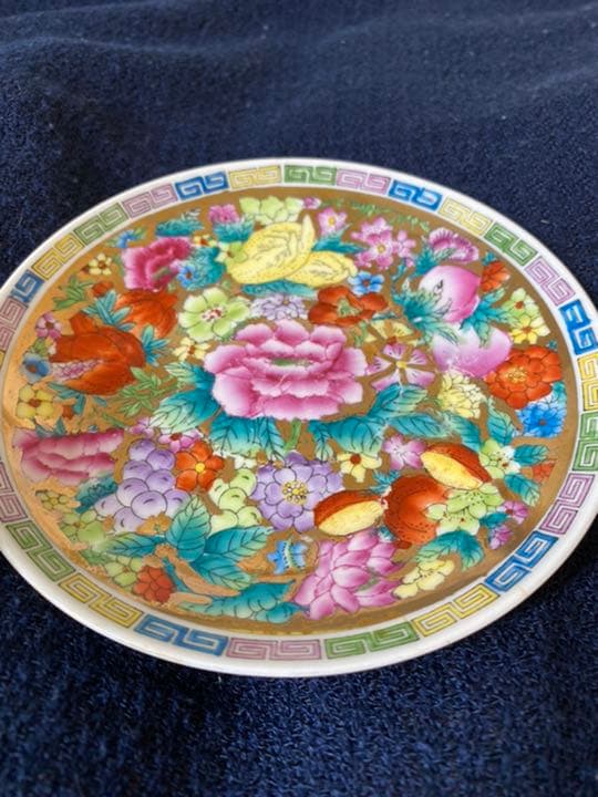 中国古美術品、牡丹花紋描金皿二枚、